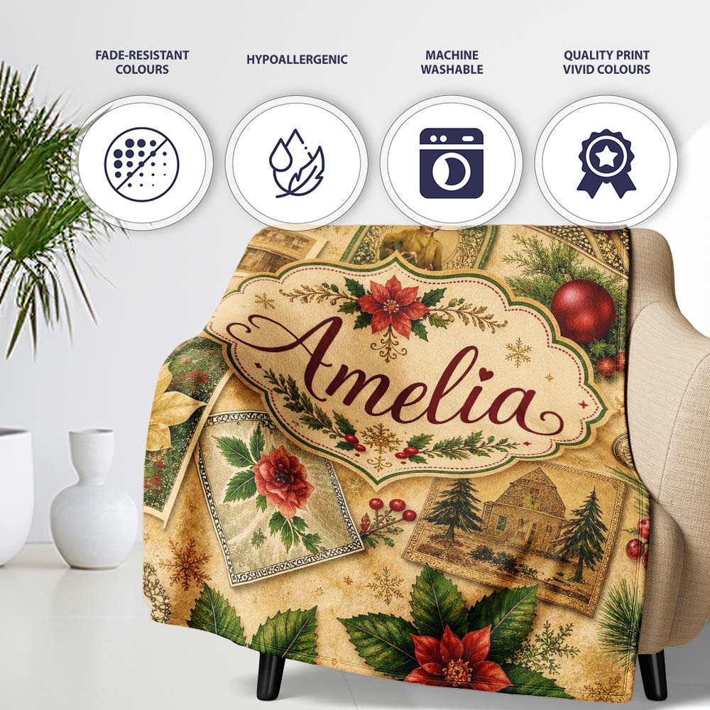 Vintage Christmas Postcards Poinsettia Holly Antique Collage Lovely Personalised Custom Name Super Soft Fleece Blanket Bed Sofa Throw