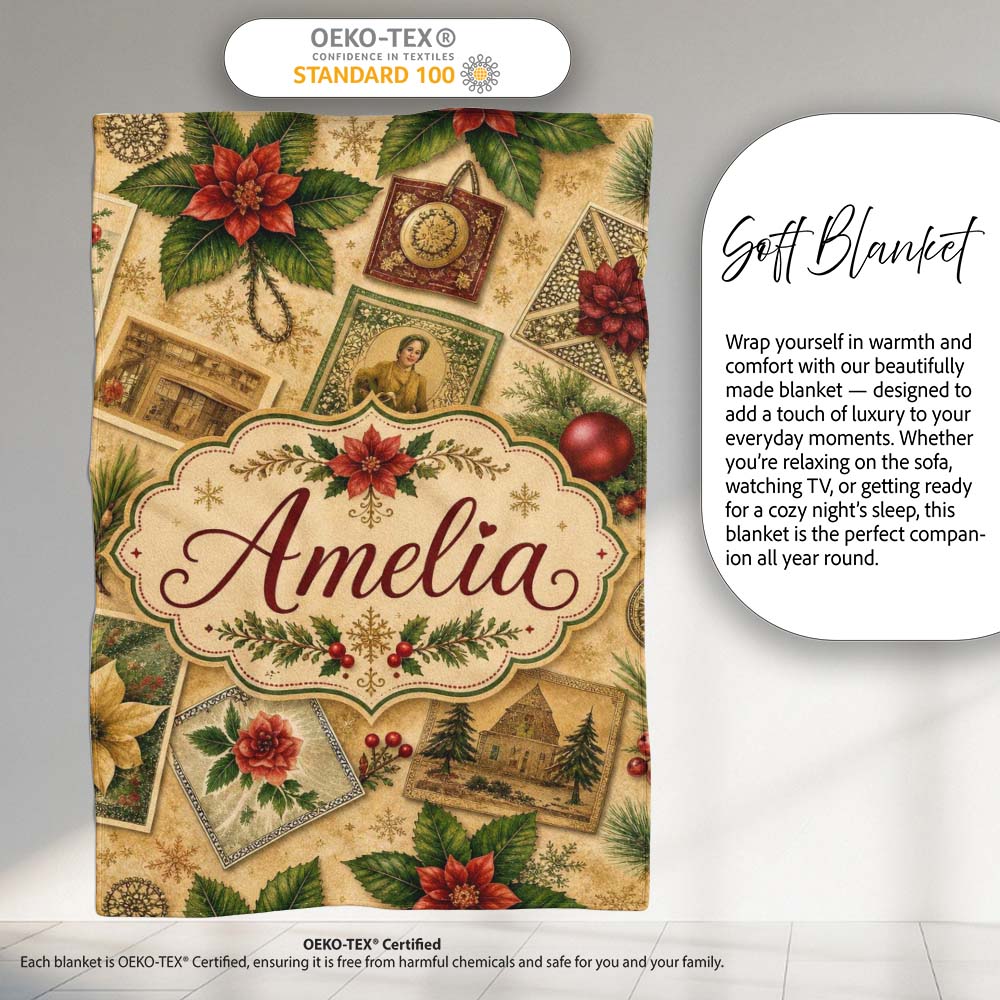 Vintage Christmas Postcards Poinsettia Holly Antique Collage Lovely Personalised Custom Name Super Soft Fleece Blanket Bed Sofa Throw