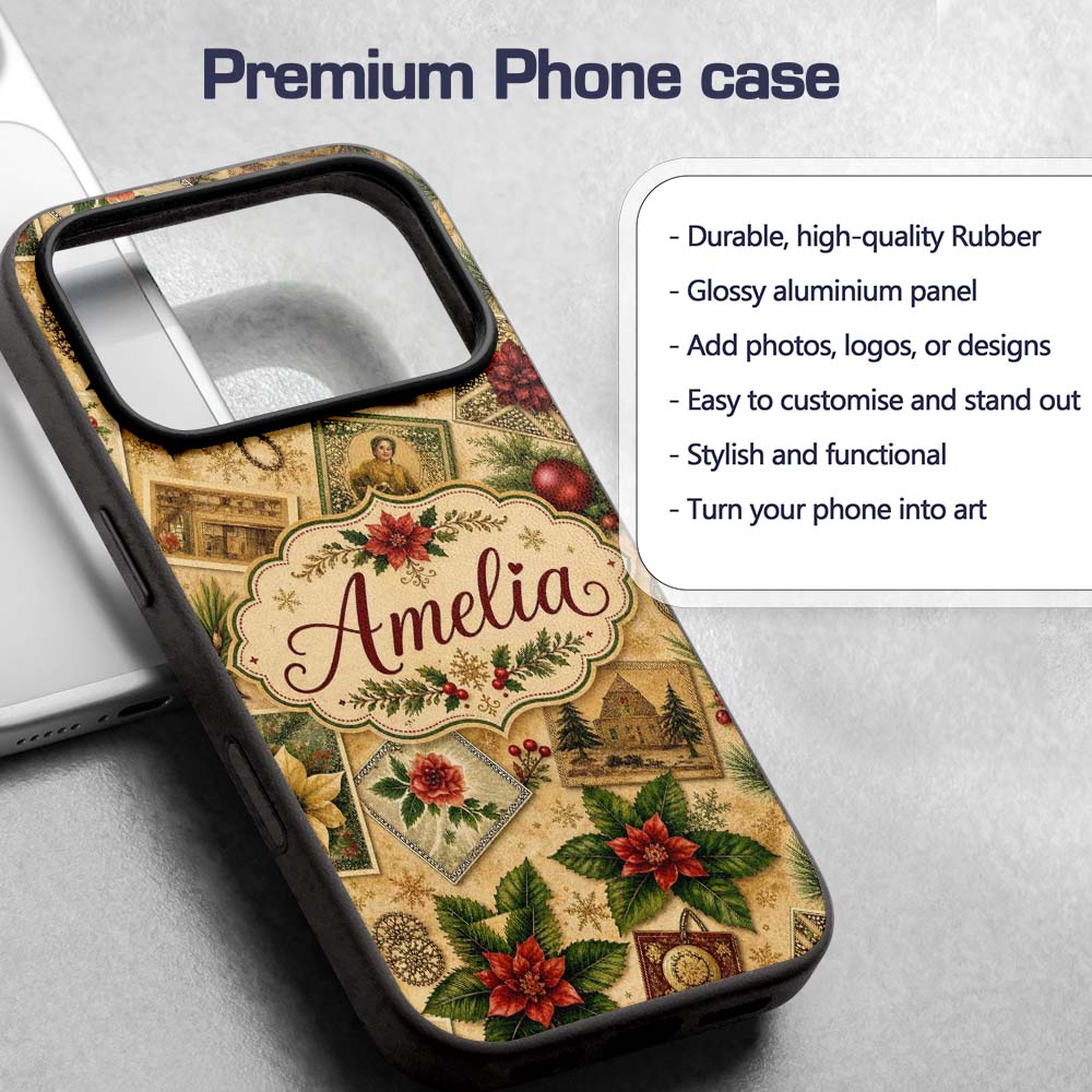 Vintage Christmas Postcards Poinsettia Holly Custom Name Protective Phone Case Mobile Cover Durable Everyday Smartphone Shock Resistant