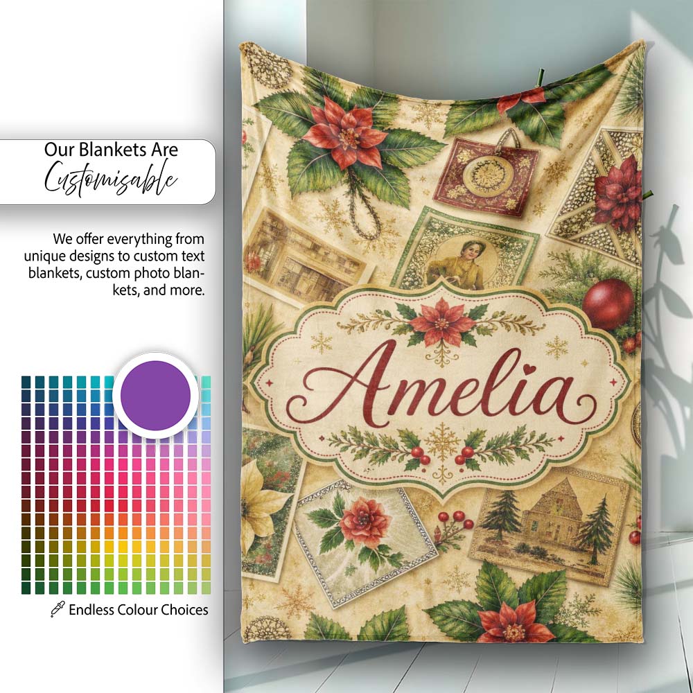 Vintage Christmas Postcards Poinsettia Holly Antique Collage Lovely Personalised Custom Name Super Soft Fleece Blanket Bed Sofa Throw