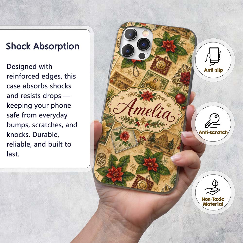 Vintage Christmas Postcards Poinsettia Holly Custom Name Protective Phone Case Mobile Cover Durable Everyday Smartphone Shock Resistant