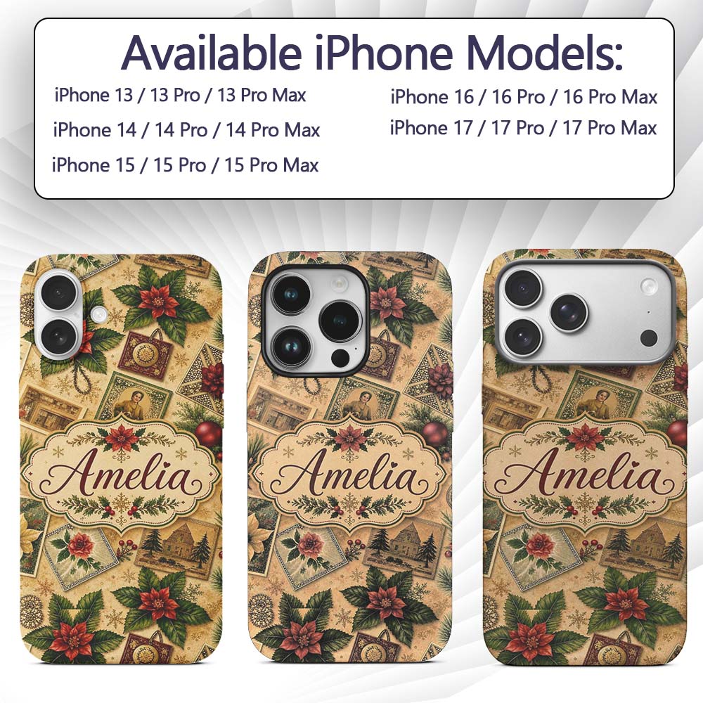 Vintage Christmas Postcards Poinsettia Holly Custom Name Protective Phone Case Mobile Cover Durable Everyday Smartphone Shock Resistant