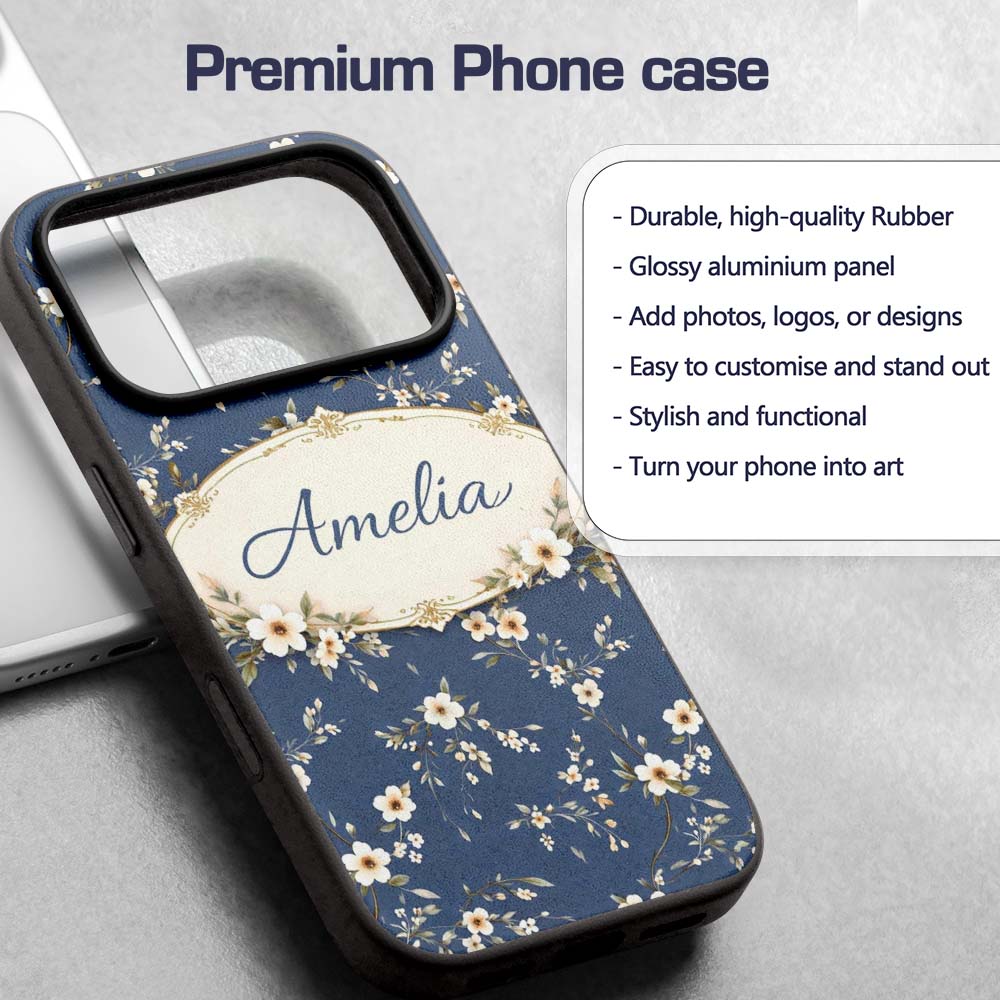 Elegant Navy Floral Vine Delicate Printed Design Custom Name Protective Phone Case Mobile Cover Durable Everyday Smartphone Shock Resistant