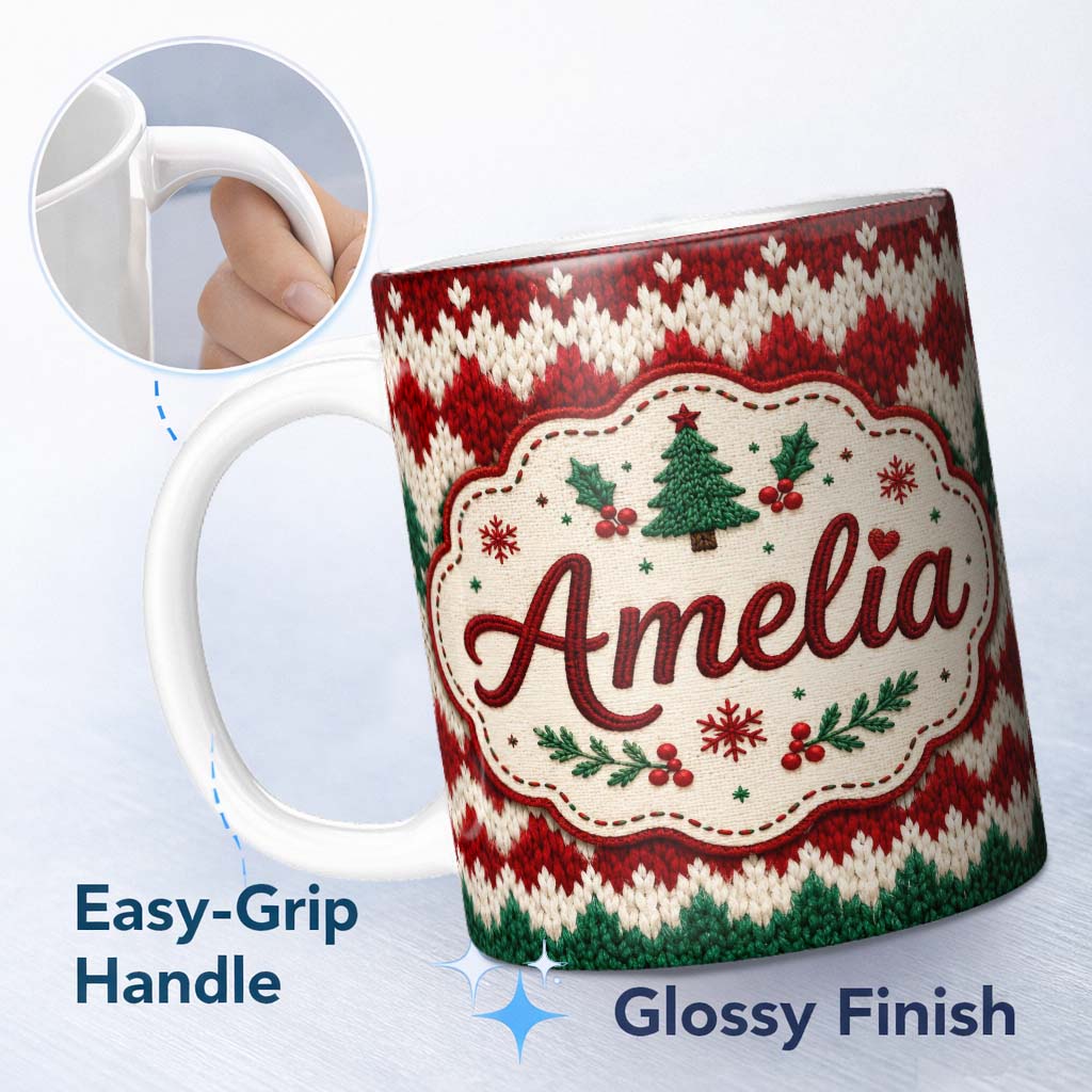 Personalized Custom Name Cute Handmade Wool Knit Red Green White Cozy Seamless Pattern Lovely 11oz Ceramic Coffee Tea Mug White Large Handle