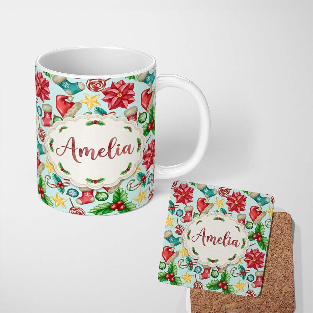 Personalized Custom Name Cute Christmas Poinsettia Holly Candy Cane Festive Seamless Pattern 11oz Ceramic Coffee Tea Mug White Large Handle