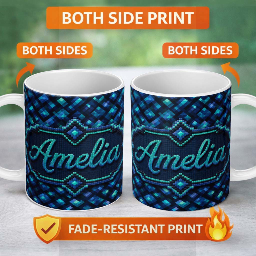 Personalized Custom Name Blue Teal Diamond Pixel Abstract Seamless Pattern Cute Unique Gift 11oz Ceramic Coffee Tea Mug White Large Handle