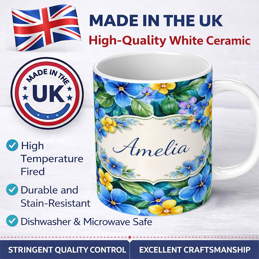Personalized Custom Name Blue and Yellow Floral Watercolor Garden Seamless Pattern Lovely 11oz Ceramic Coffee Tea Mug White Large Handle