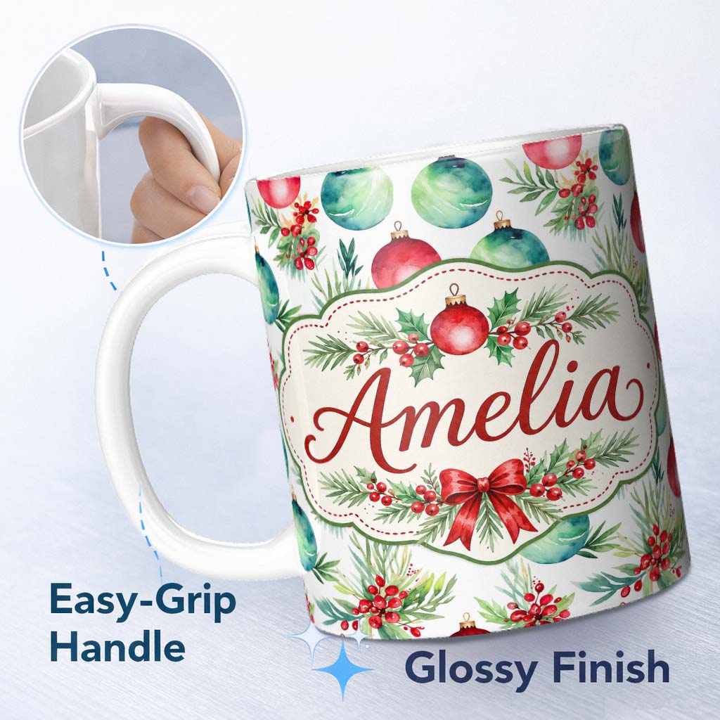 Personalized Custom Name Watercolor Christmas Baubles Holly Leaves Festive Seamless Pattern 11oz Ceramic Coffee Tea Mug White Large Handle