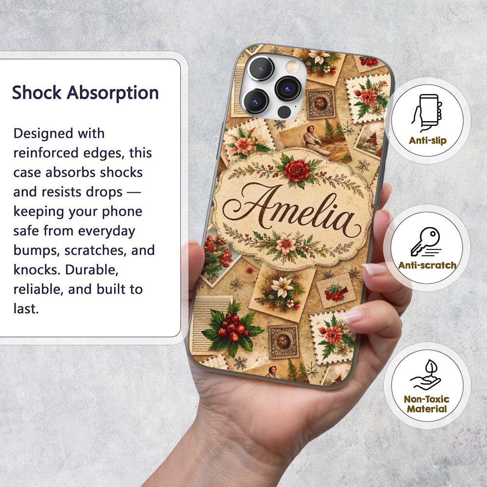 Rustic Vintage Christmas Floral Cards Letters Custom Name Protective Phone Case Mobile Cover Durable Everyday Smartphone Shock Resistant