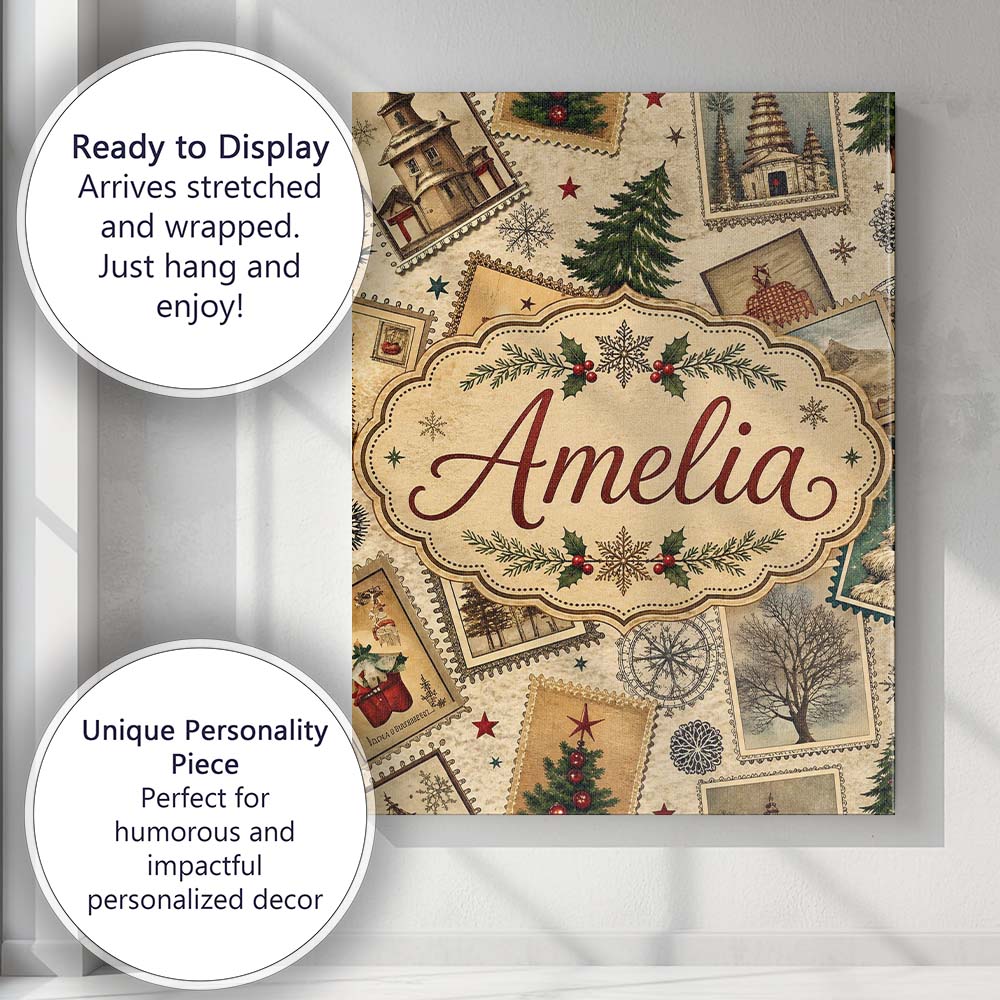 Personalised Name Antique Christmas Postcards Custom Unique Gift Idea Modern Room Accent Canvas Wall Art Print Decor Picture Ready to Hang