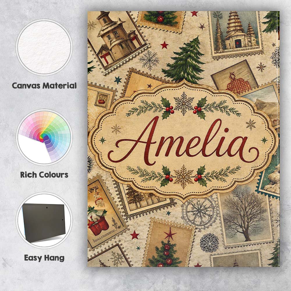Personalised Name Antique Christmas Postcards Custom Unique Gift Idea Modern Room Accent Canvas Wall Art Print Decor Picture Ready to Hang