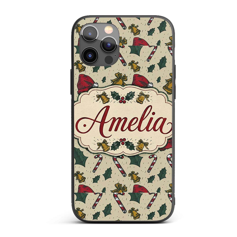 Christmas Candy Cane Bells Santa Hat Seamless Custom Name Protective Phone Case Mobile Cover Durable Everyday Smartphone Shock Resistant
