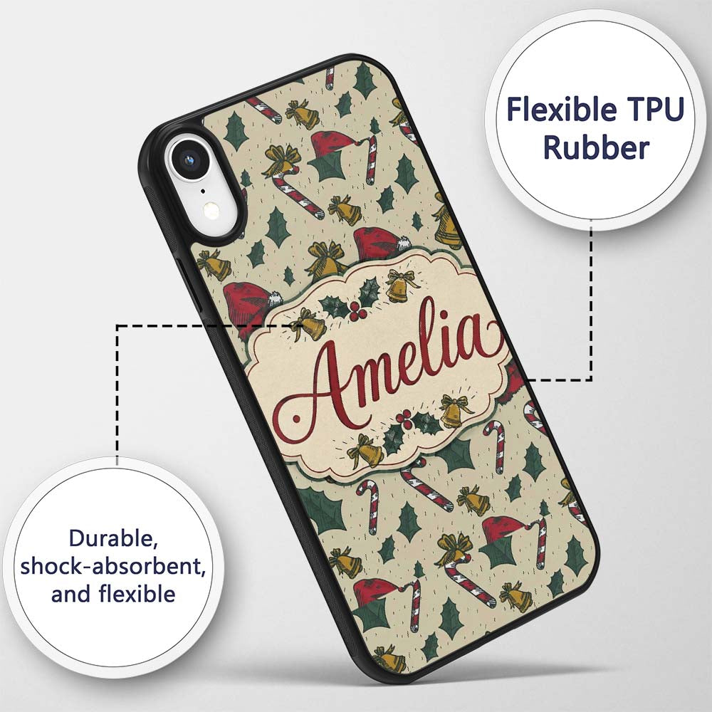 Christmas Candy Cane Bells Santa Hat Seamless Custom Name Protective Phone Case Mobile Cover Durable Everyday Smartphone Shock Resistant