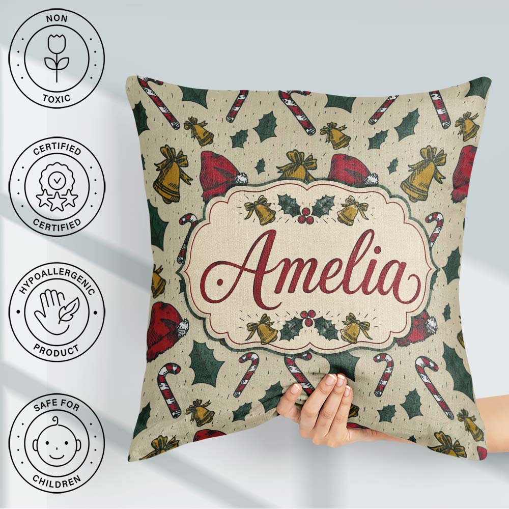 Custom Name Christmas Candy Cane Bells Santa Hat Seamless Lovely Square Filled Cushion Throw Pillow Sofa Bed Home Decor Zip Washable UK Made