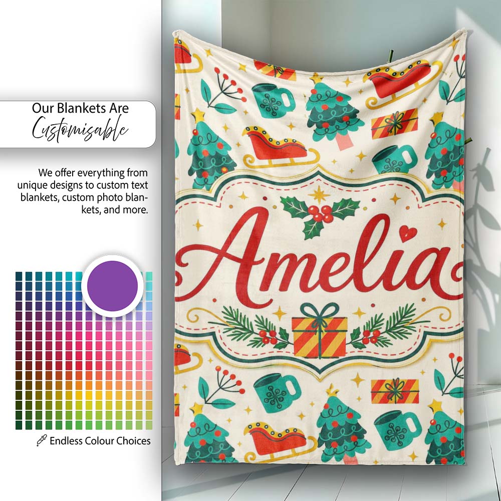 Modern Christmas Trees Sleigh Gifts Festive Seamless Pattern Lovely Personalised Custom Name Super Soft Fleece Blanket Bed Sofa Throw