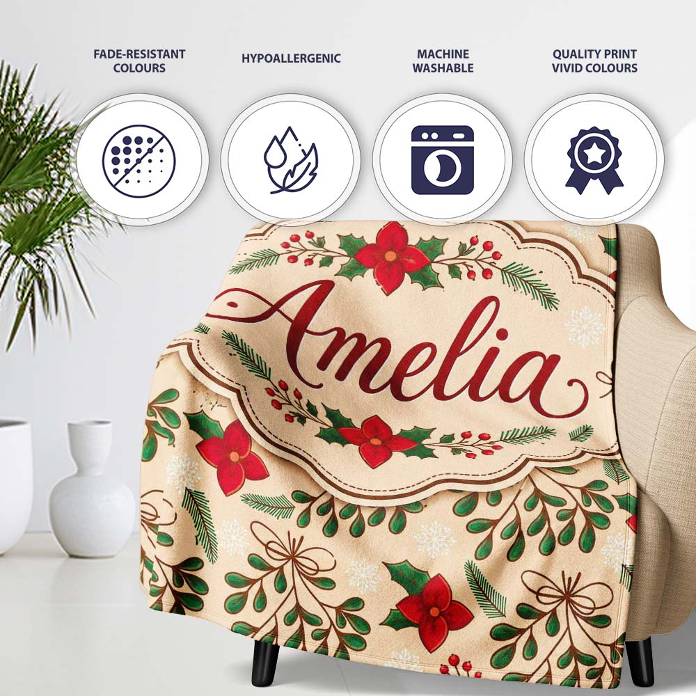 Festive Christmas Bows Holly Flowers Elegant Seamless Pattern Lovely Personalised Custom Name Super Soft Fleece Blanket Bed Sofa Throw