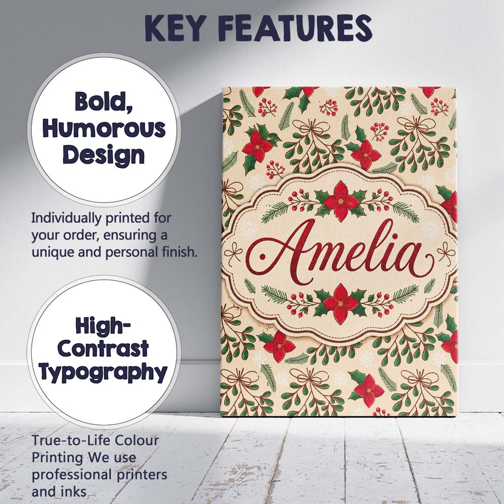 Personalised Name Festive Christmas Bows Custom Unique Gift Idea Elegant Feature Canvas Wall Art Print Decor Picture Ready to Hang
