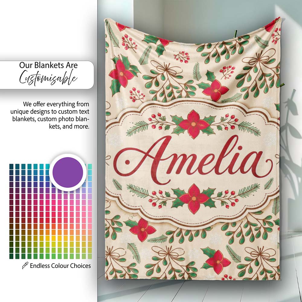 Festive Christmas Bows Holly Flowers Elegant Seamless Pattern Lovely Personalised Custom Name Super Soft Fleece Blanket Bed Sofa Throw
