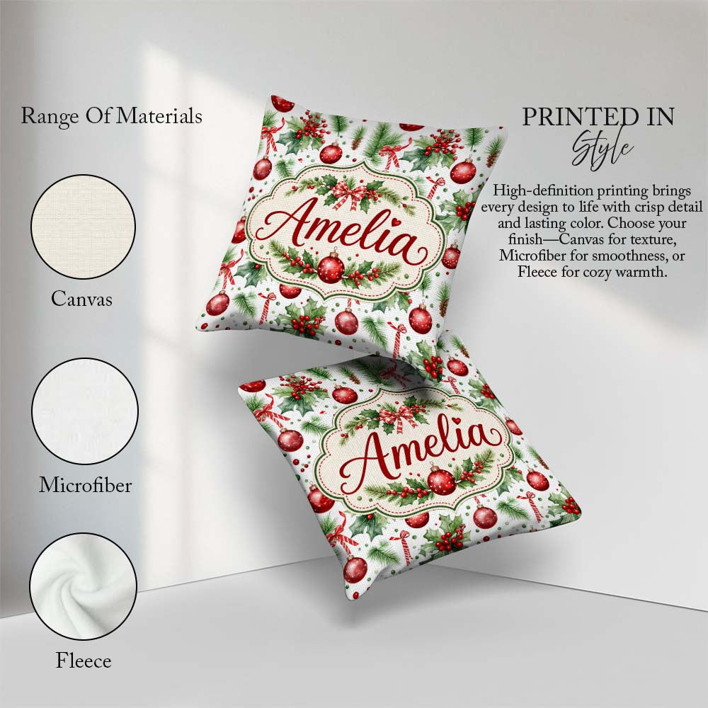 Custom Name Watercolor Christmas Baubles Holly Branches Seamless Square Filled Cushion Throw Pillow Sofa Bed Home Decor Zip Washable UK Made