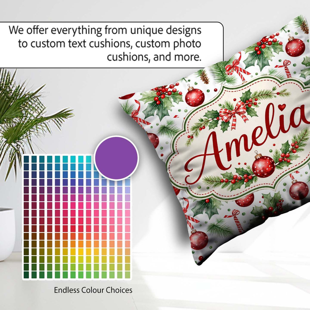 Custom Name Watercolor Christmas Baubles Holly Branches Seamless Square Filled Cushion Throw Pillow Sofa Bed Home Decor Zip Washable UK Made
