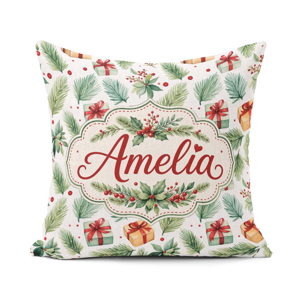 Custom Name Christmas Gifts Pine Branches Holly Berries Seamless Square Filled Cushion Throw Pillow Sofa Bed Home Decor Zip Washable UK Made