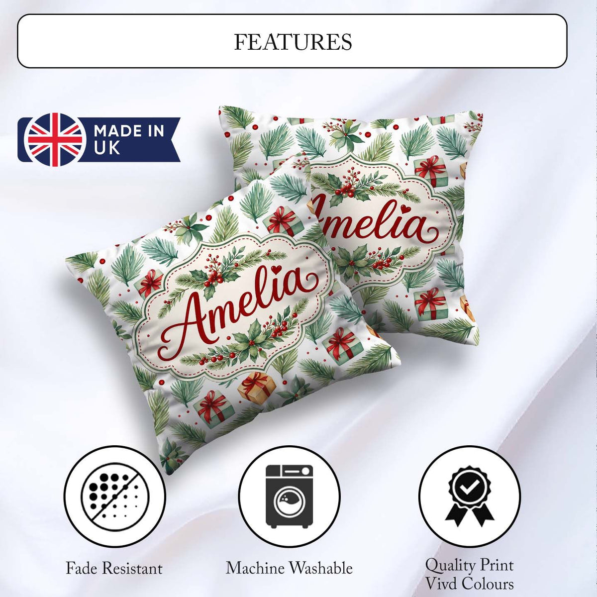 Custom Name Christmas Gifts Pine Branches Holly Berries Seamless Square Filled Cushion Throw Pillow Sofa Bed Home Decor Zip Washable UK Made