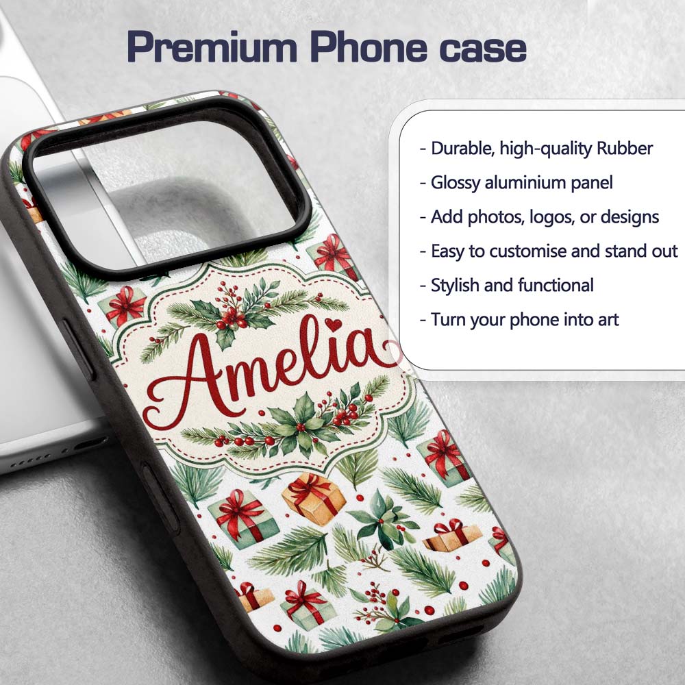Watercolor Christmas Gifts Pine Branches Holly Custom Name Protective Phone Case Mobile Cover Durable Everyday Smartphone Shock Resistant