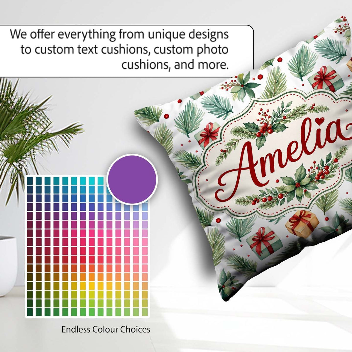 Custom Name Christmas Gifts Pine Branches Holly Berries Seamless Square Filled Cushion Throw Pillow Sofa Bed Home Decor Zip Washable UK Made