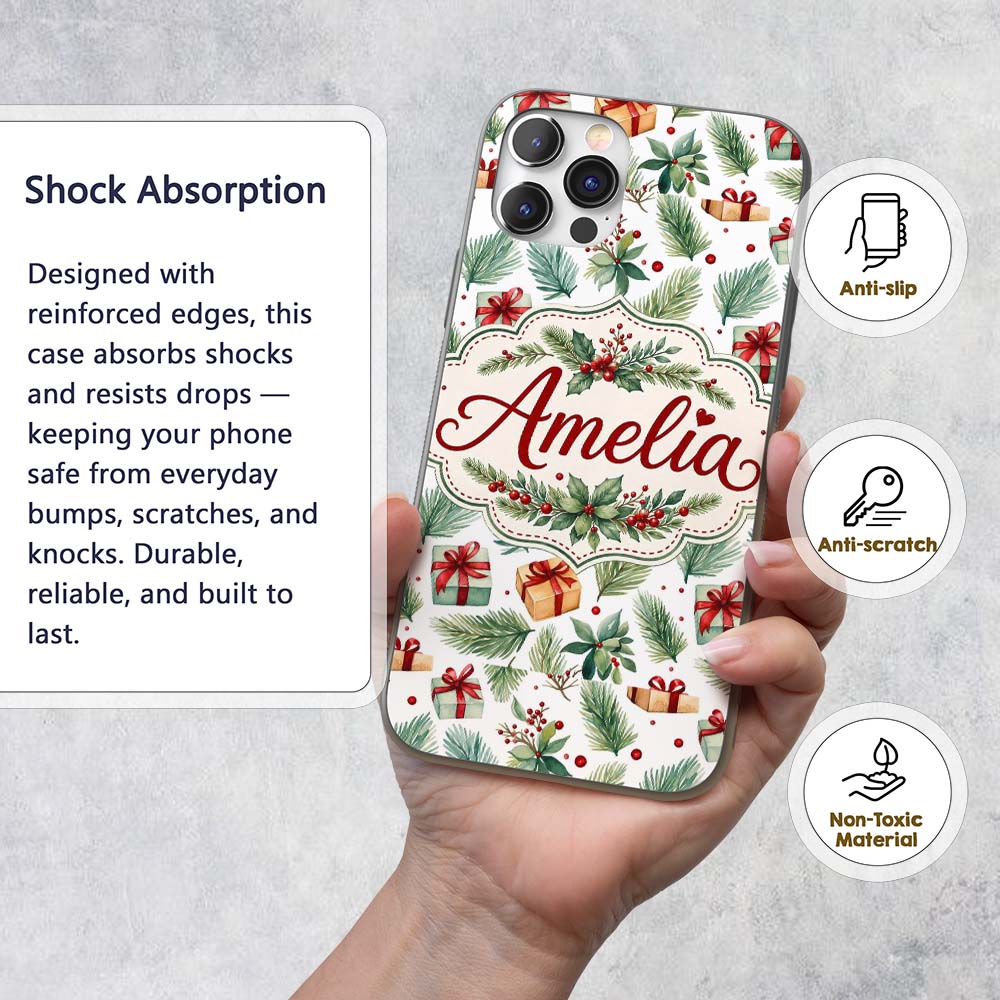 Watercolor Christmas Gifts Pine Branches Holly Custom Name Protective Phone Case Mobile Cover Durable Everyday Smartphone Shock Resistant