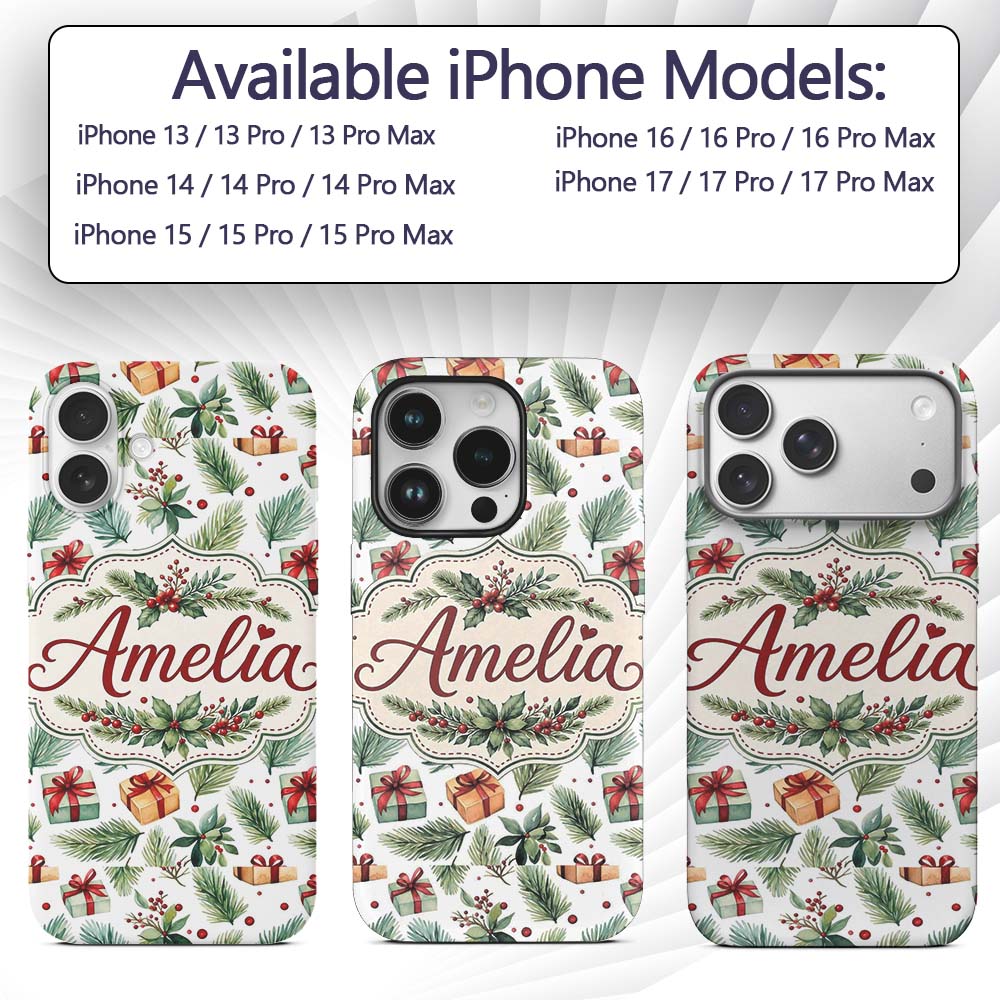 Watercolor Christmas Gifts Pine Branches Holly Custom Name Protective Phone Case Mobile Cover Durable Everyday Smartphone Shock Resistant