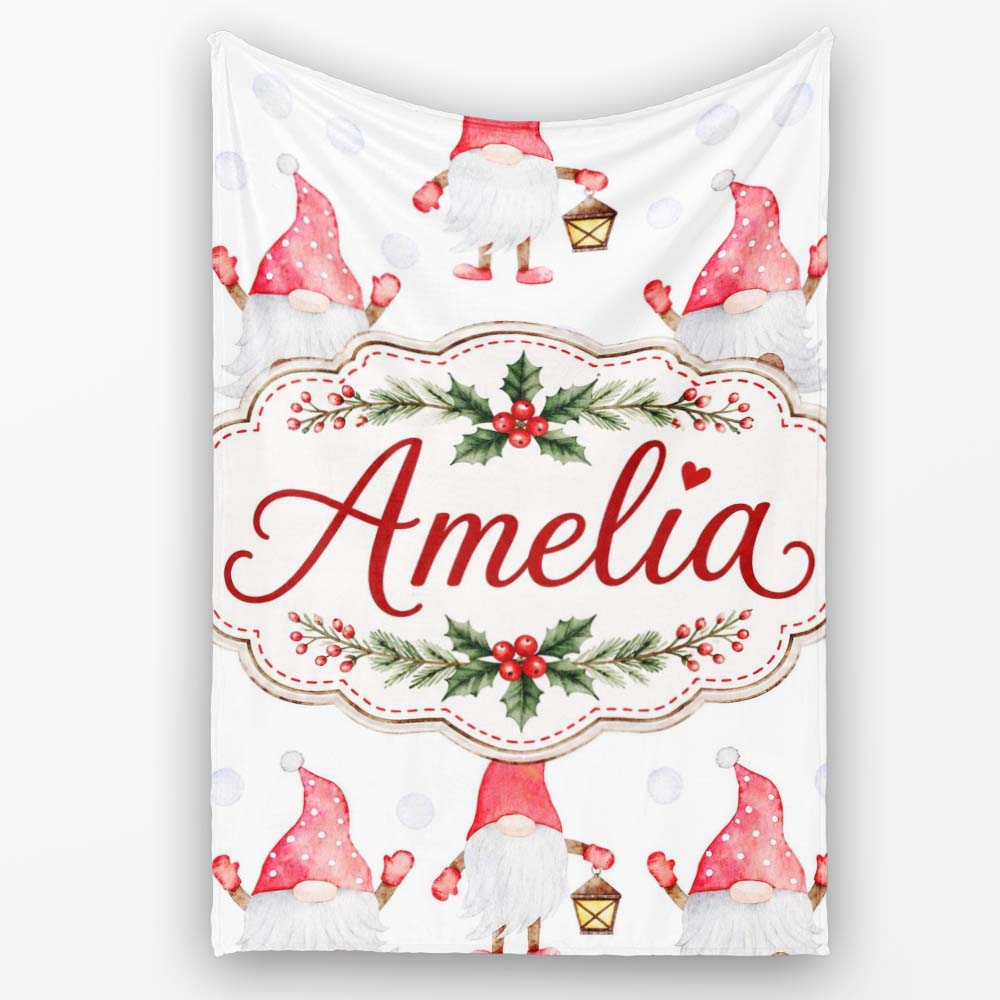 Cute Christmas Gnome Red Hat Lantern Snow Dots Seamless Pattern Personalised Custom Name Super Soft Fleece Blanket Bed Sofa Throw