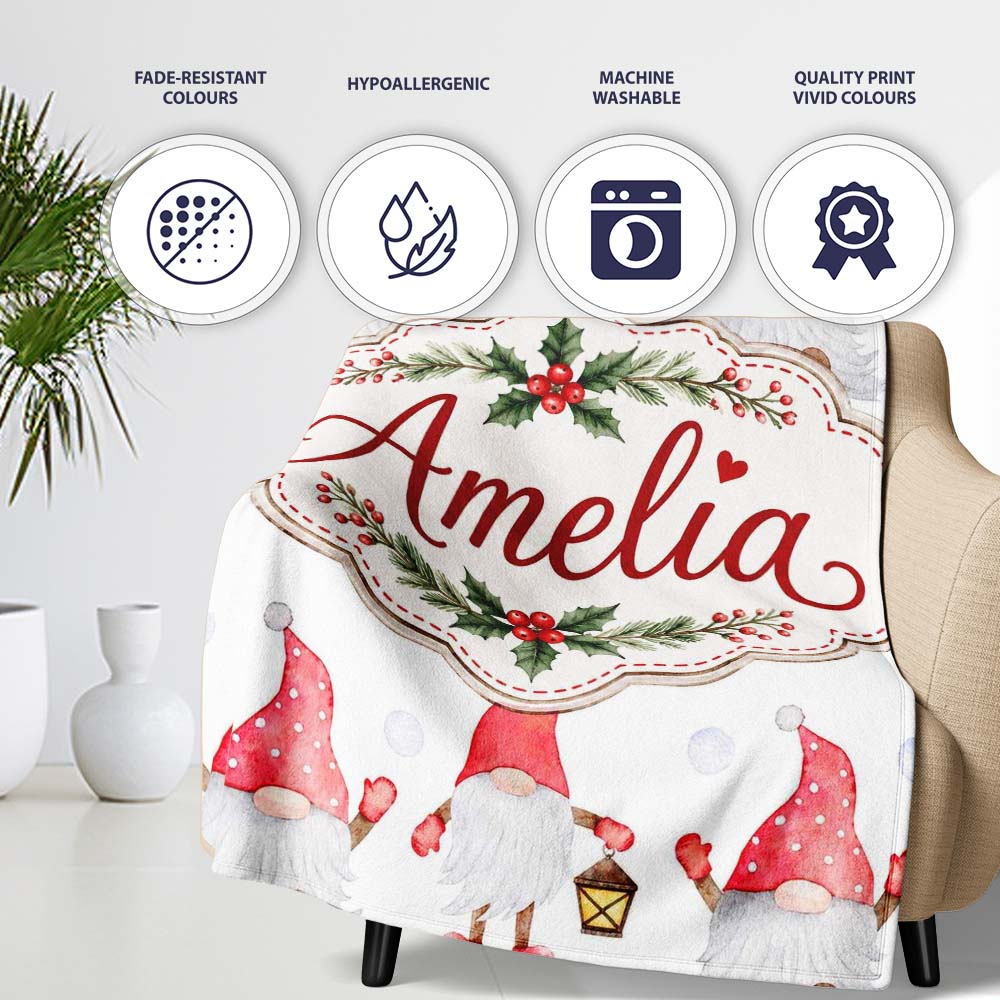 Cute Christmas Gnome Red Hat Lantern Snow Dots Seamless Pattern Personalised Custom Name Super Soft Fleece Blanket Bed Sofa Throw