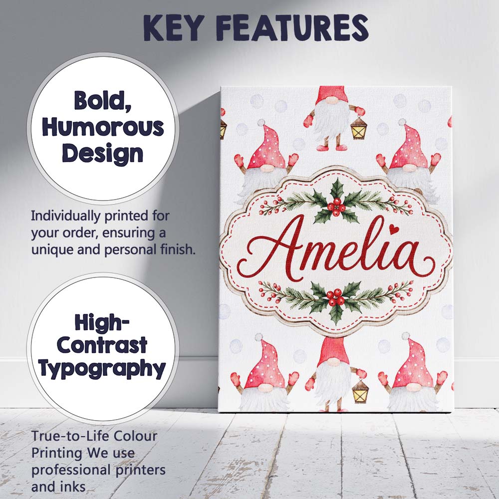 Personalised Name Cute Christmas Gnome Red Custom Unique Gift Idea Elegant Feature Canvas Wall Art Print Decor Picture Ready to Hang