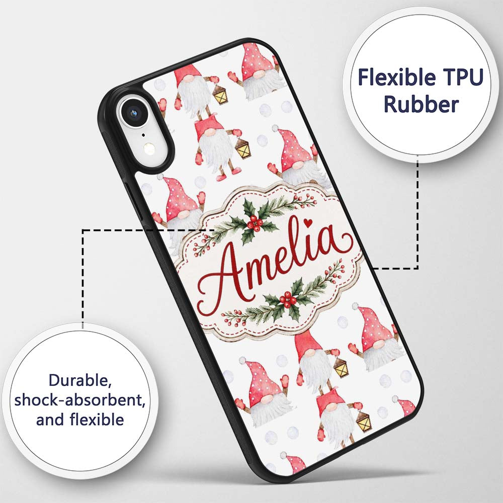 Cute Christmas Gnome Red Hat Lantern Snow Dots Custom Name Protective Phone Case Mobile Cover Durable Everyday Smartphone Shock Resistant