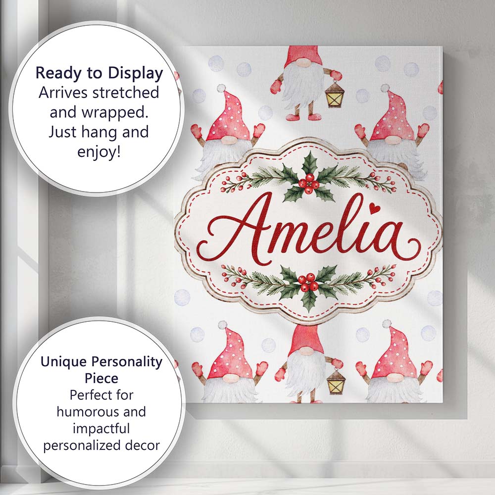 Personalised Name Cute Christmas Gnome Red Custom Unique Gift Idea Elegant Feature Canvas Wall Art Print Decor Picture Ready to Hang