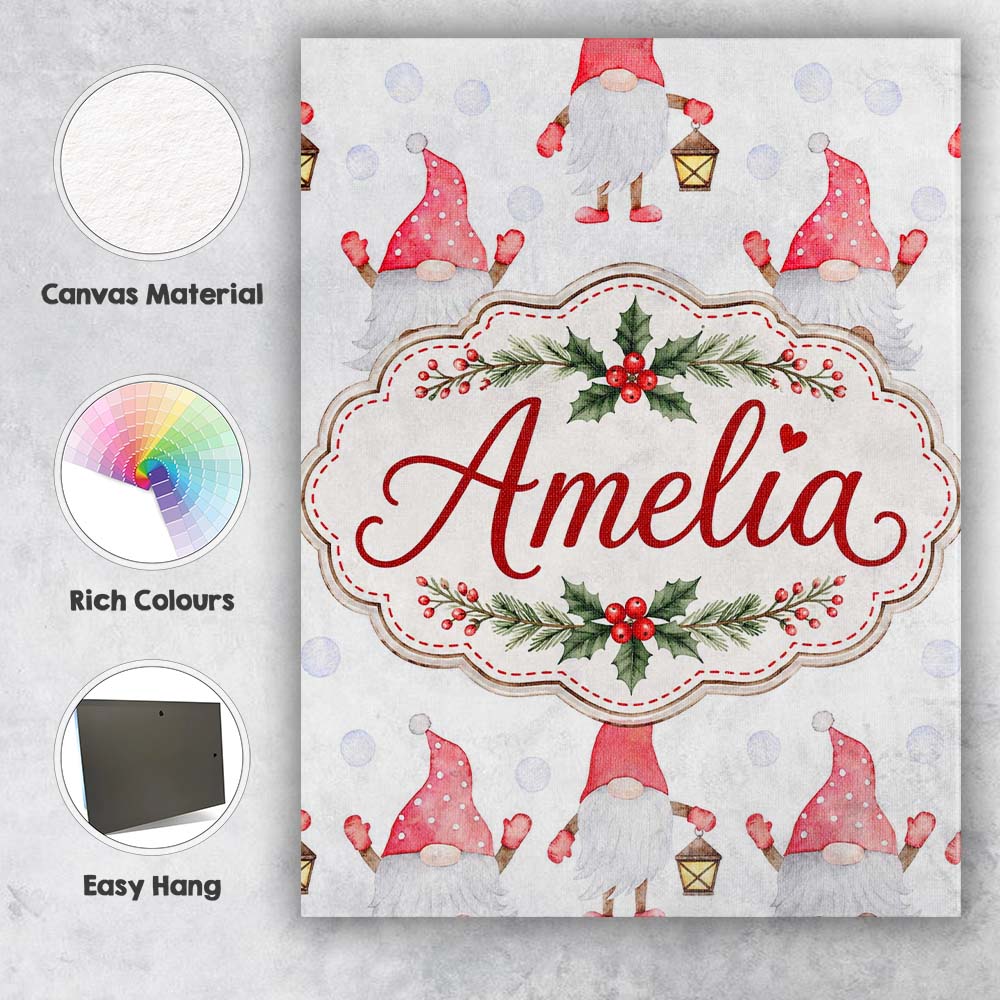 Personalised Name Cute Christmas Gnome Red Custom Unique Gift Idea Elegant Feature Canvas Wall Art Print Decor Picture Ready to Hang