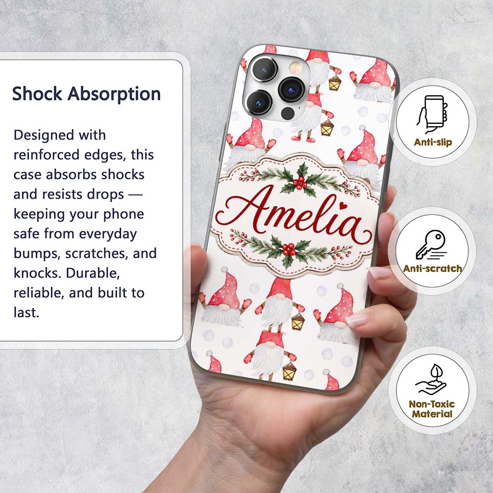 Cute Christmas Gnome Red Hat Lantern Snow Dots Custom Name Protective Phone Case Mobile Cover Durable Everyday Smartphone Shock Resistant