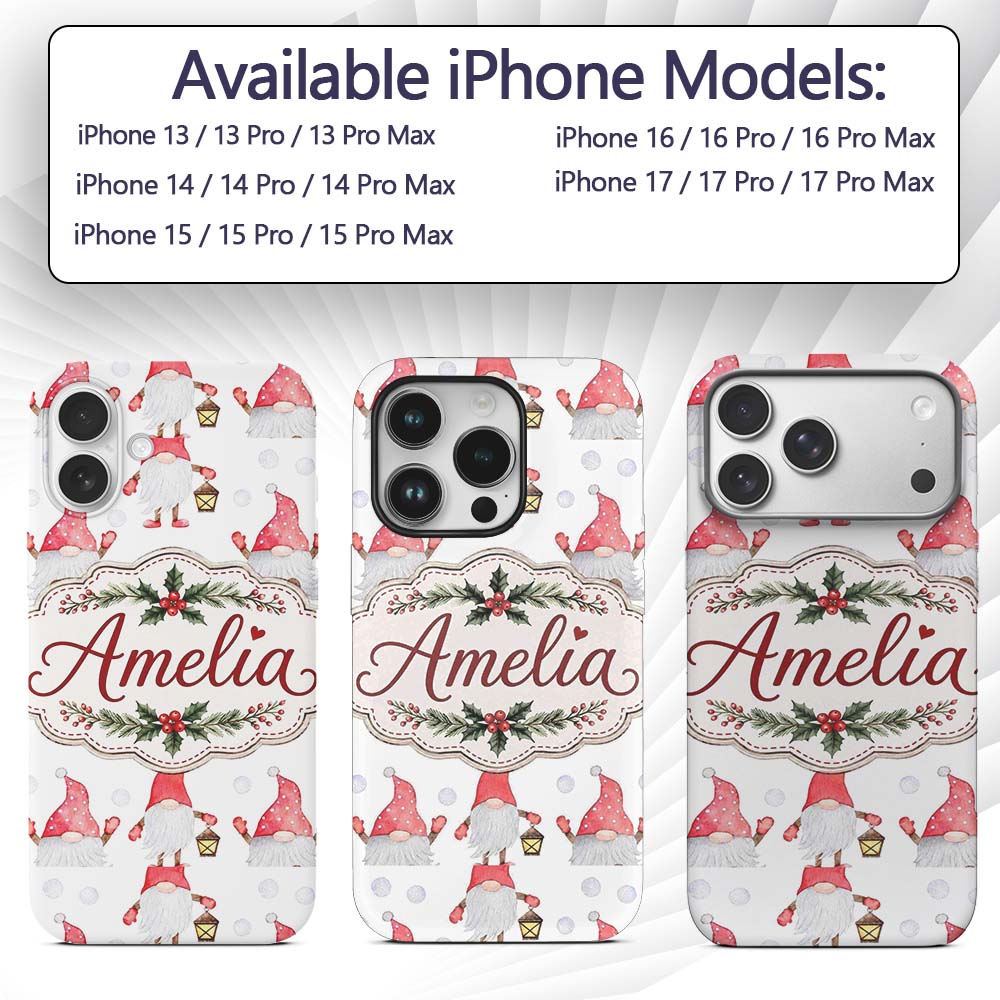 Cute Christmas Gnome Red Hat Lantern Snow Dots Custom Name Protective Phone Case Mobile Cover Durable Everyday Smartphone Shock Resistant