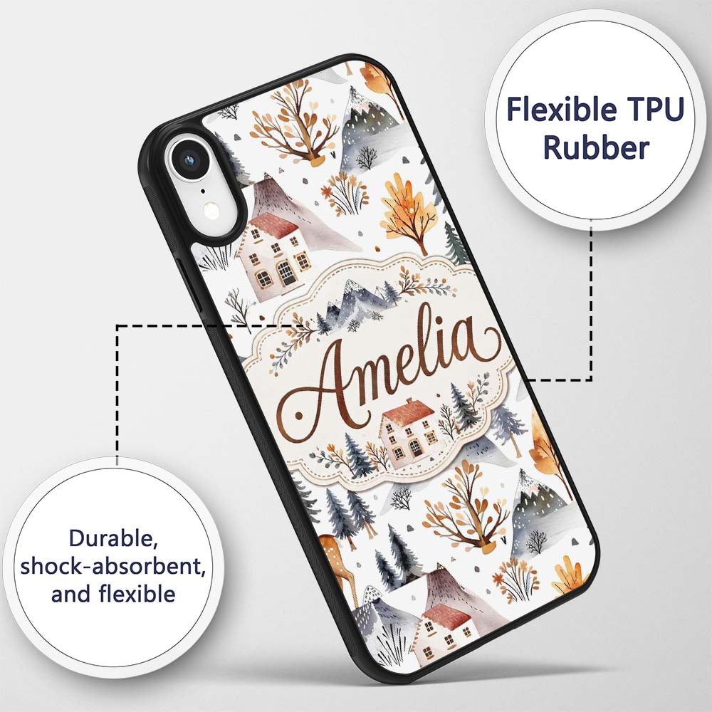 Watercolor Winter Landscape Houses Mountains Custom Name Protective Phone Case Mobile Cover Durable Everyday Smartphone Shock Resistant