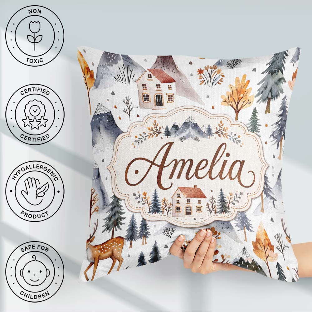 Custom Name Watercolor Winter Landscape Mountains Trees Seamless Square Filled Cushion Throw Pillow Sofa Bed Home Decor Zip Washable UK Made