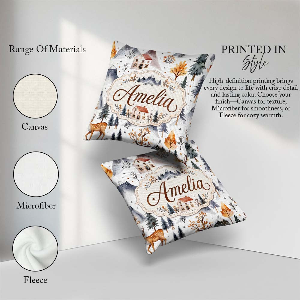 Custom Name Watercolor Winter Landscape Mountains Trees Seamless Square Filled Cushion Throw Pillow Sofa Bed Home Decor Zip Washable UK Made