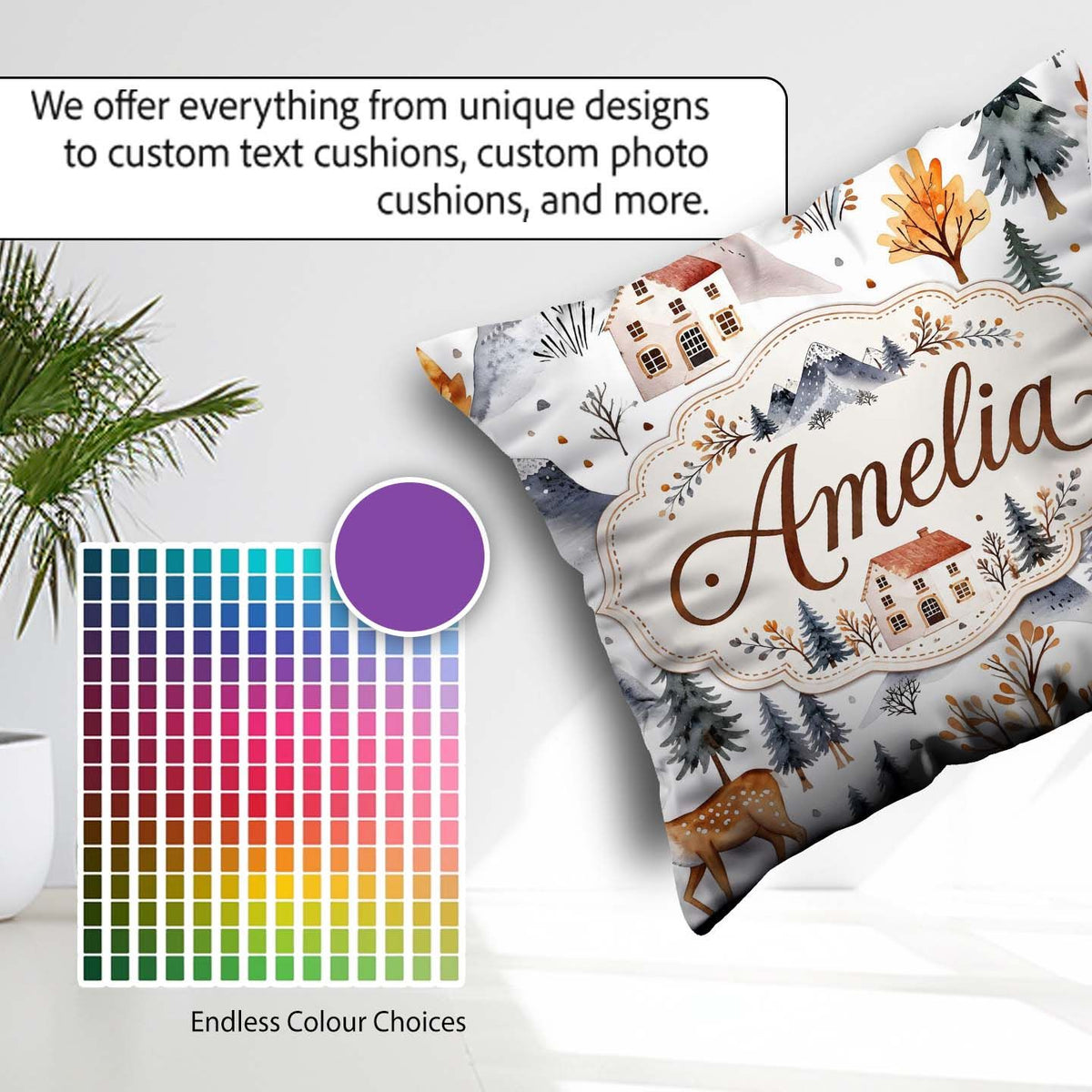Custom Name Watercolor Winter Landscape Mountains Trees Seamless Square Filled Cushion Throw Pillow Sofa Bed Home Decor Zip Washable UK Made