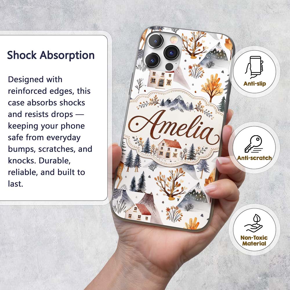 Watercolor Winter Landscape Houses Mountains Custom Name Protective Phone Case Mobile Cover Durable Everyday Smartphone Shock Resistant