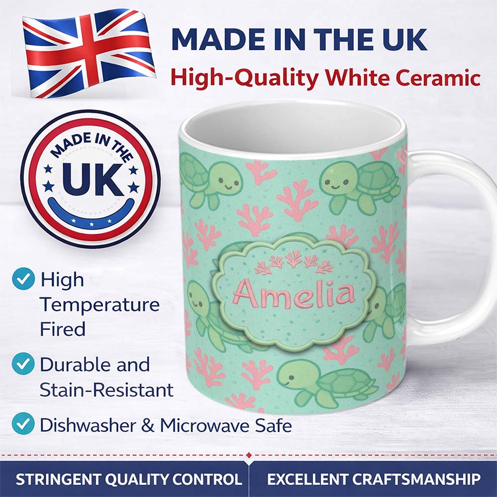 Personalized Custom Name Cute Sea Turtle Coral Cartoon Animal Pattern Charming Kitchen Decor 11oz Ceramic Coffee Tea Mug White Large Handle