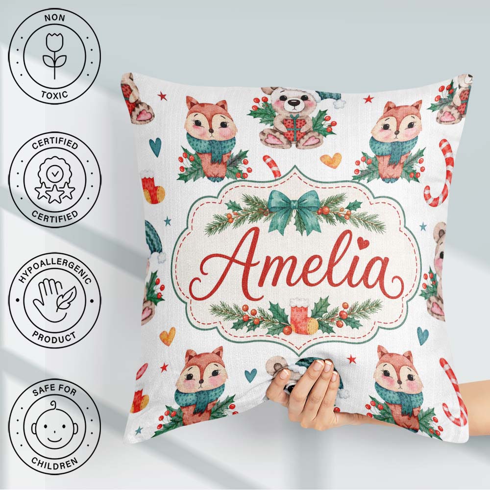 Custom Name Woodland Animals Bear Fox Christmas Seamless Pattern Square Filled Cushion Throw Pillow Sofa Bed Home Decor Zip Washable UK Made