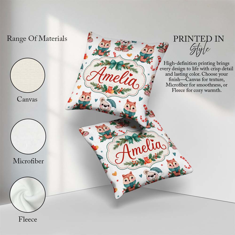 Custom Name Woodland Animals Bear Fox Christmas Seamless Pattern Square Filled Cushion Throw Pillow Sofa Bed Home Decor Zip Washable UK Made