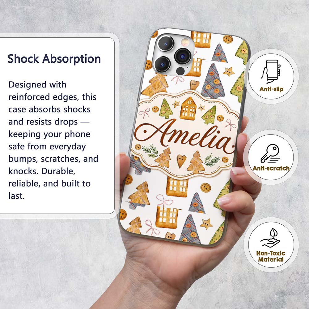 Rustic Christmas Cookies Trees Houses Buttons Custom Name Protective Phone Case Mobile Cover Durable Everyday Smartphone Shock Resistant