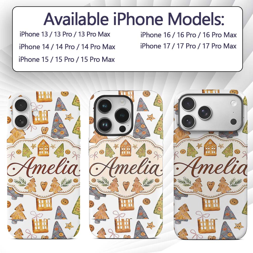 Rustic Christmas Cookies Trees Houses Buttons Custom Name Protective Phone Case Mobile Cover Durable Everyday Smartphone Shock Resistant