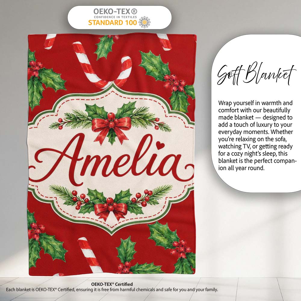 Festive Candy Cane Holly Red Background Seamless Pattern Lovely Personalised Custom Name Super Soft Fleece Blanket Bed Sofa Throw