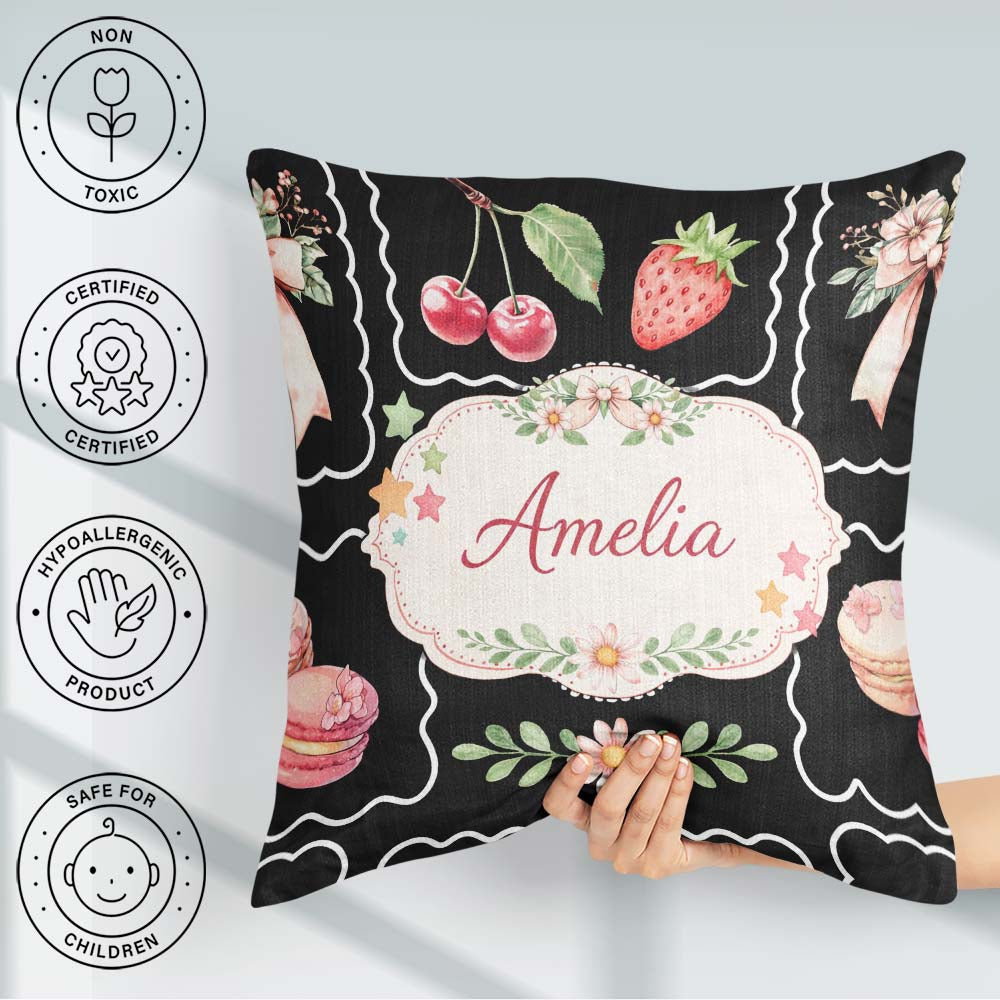 Custom Name Strawberry Cherry Bow Seamless White Coquette Kawaii Square Filled Cushion Throw Pillow Sofa Bed Home Decor Zip Washable UK Made